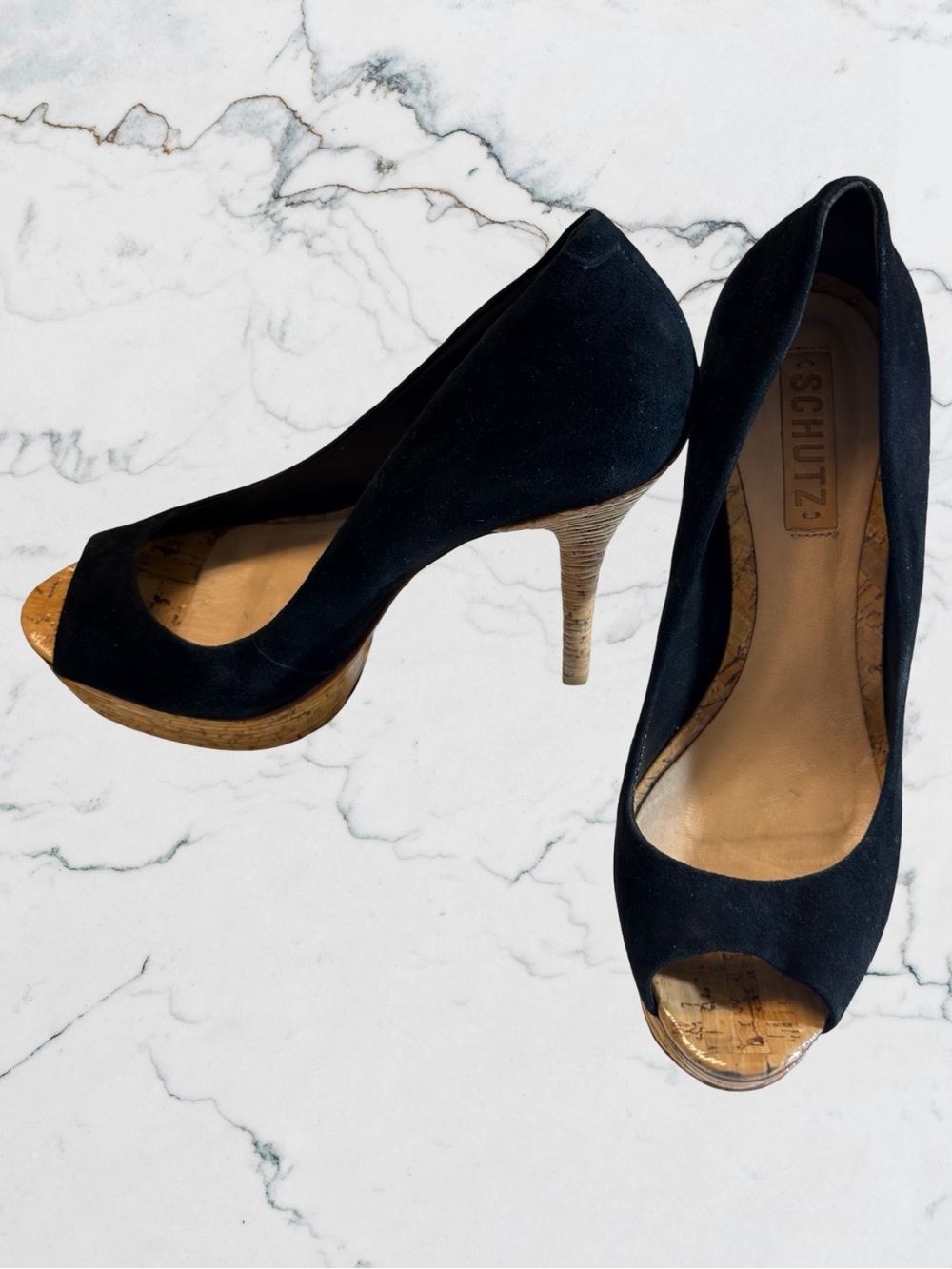 Schutz Black Suede Peep-Toe Platform Stiletto Heels Cork Bamboo Texture Sz 10 - Picture 7 of 13